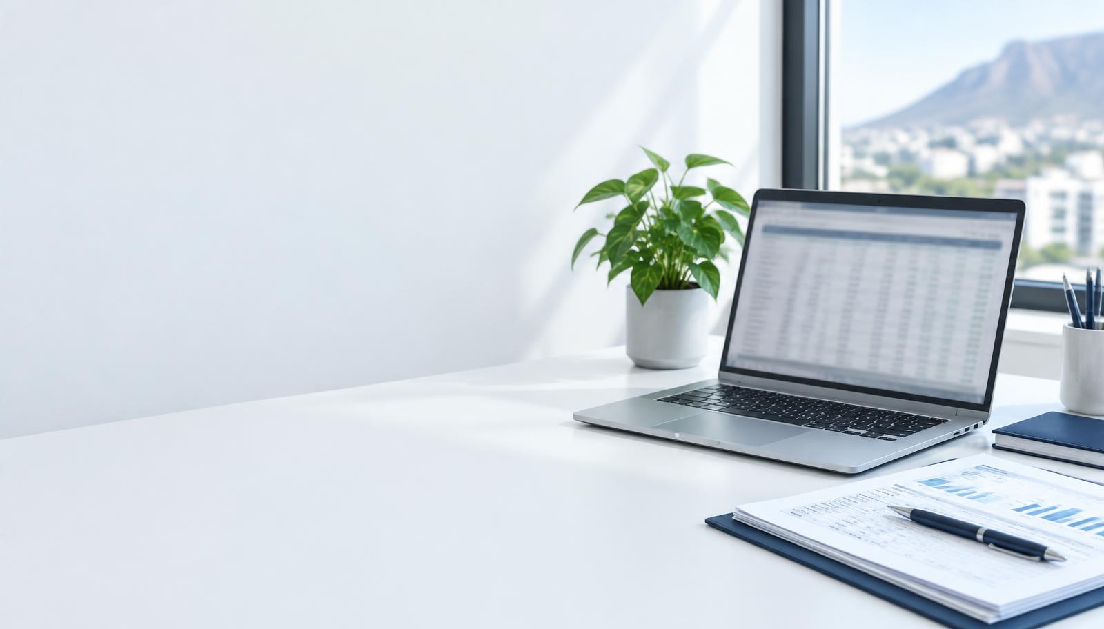 A light, organised accounting workspace with a laptop and client documents